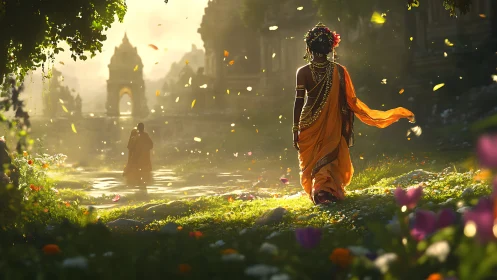 Backlit robed figure crossing sunlit floral ruins at dawn