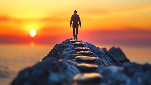 Silhouetted figure walks stone path toward low-horizon ocean sunset