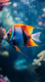 Colorful tropical fish drifts through a glowing coral reef.