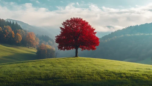 Solitary crimson tree crowned by misty mountain valleys.