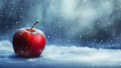 Crimson winter apple gleams against swirling snowstorm hush.