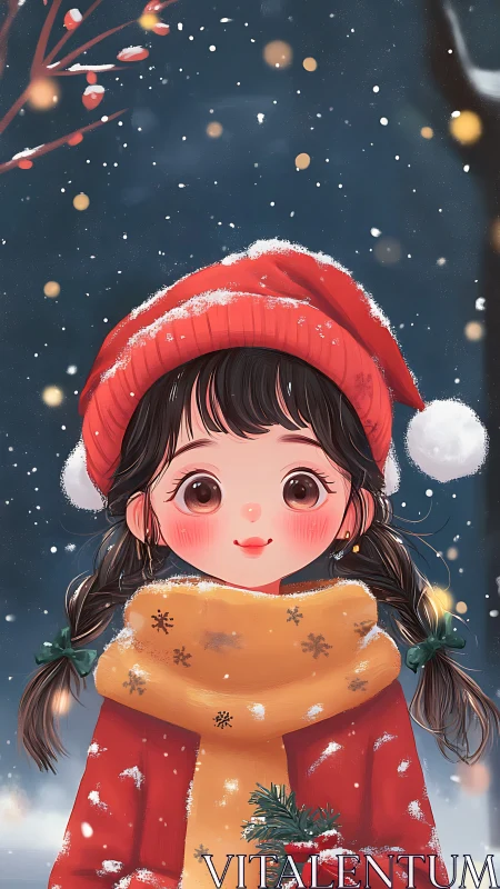 Smiling girl in red winter coat and hat in snowfall.