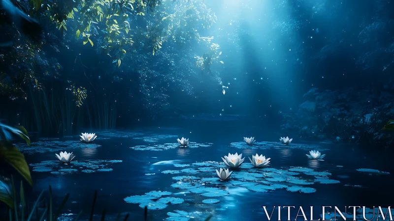 Moonlit lilies glow over tranquil blue forest pond