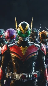Colorful armored heroes standing together in bold unity.