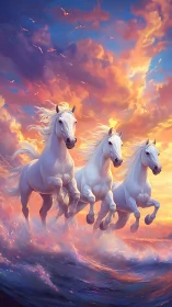 Galloping white stallions under radiant sunset surfscape.