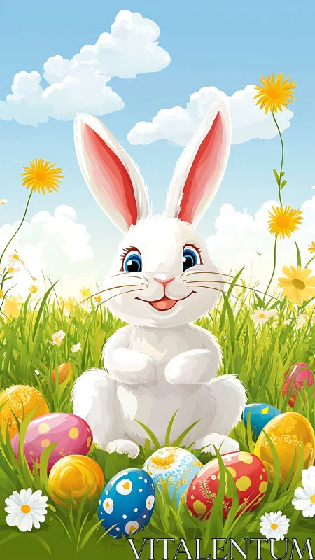 White Easter bunny in meadow with colorful eggs illustration.