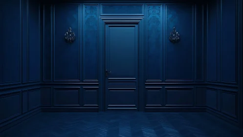 Monochromatic deep-blue neoclassical hallway with central paneled door
