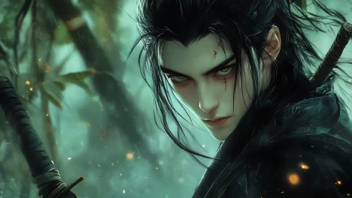 Storm-eyed forest swordsman poised between fury and calm.