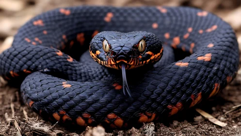 Coiled midnight viper studies the world through ember eyes