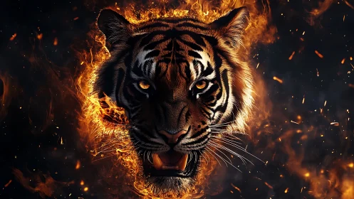 Fierce tiger head emerging from swirling orange flames.