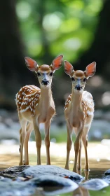 Twin river fawns pause in dappled forest spotlight.