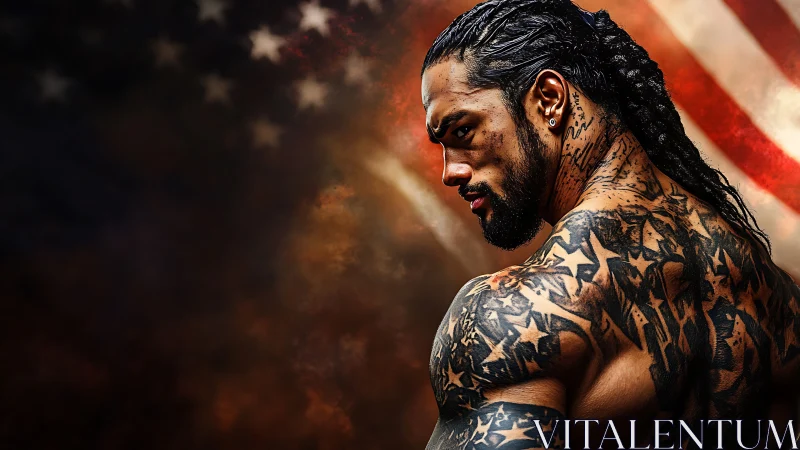 Tattooed muscular man stands before blurred US flag background