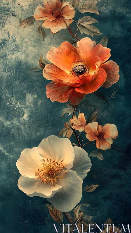 Layered Botanical Composition with Translucent Petals and Distressed Textural Ground