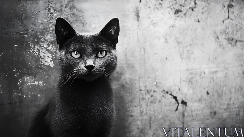Black cat staring directly forward against weathered concrete wall backdrop.