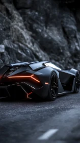 Futuristic black supercar with angular LED rear lights.