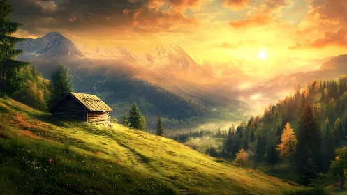 Golden sunrise pours over a tranquil mountain cabin valley