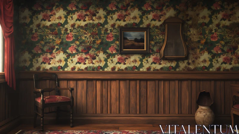 Vintage floral parlor interior shows worn ornate furnishings