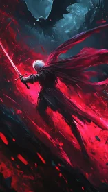 Scarlet-clad swordsman confronts shadow dragon in dynamic inferno