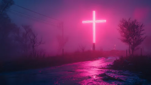 Neon cross glows over a foggy night road in magenta haze