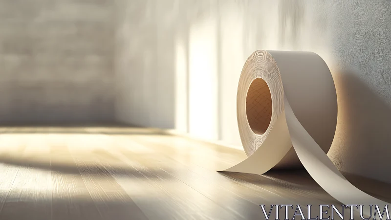 Oversized toilet paper roll in sunlit minimalist interior corner