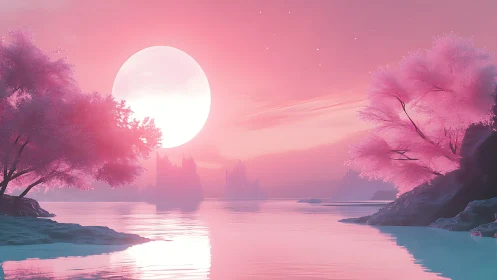 Cotton candy moonrise over tranquil pink waterway.
