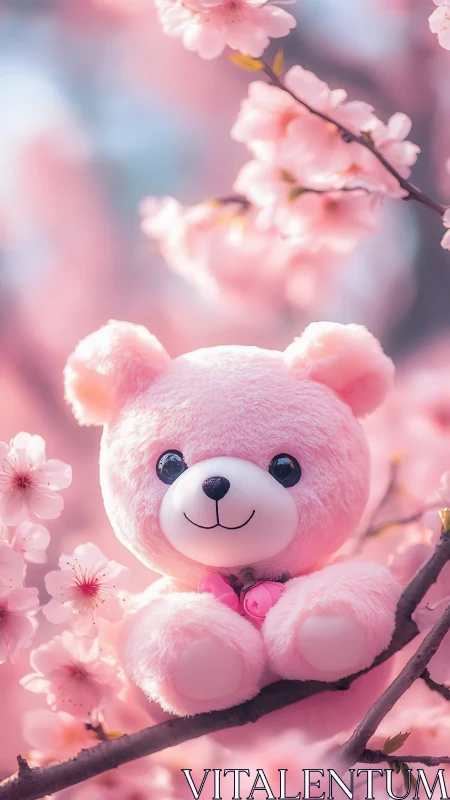 Blush-pink plush bear dreaming in sugarsoft cherry blossoms.