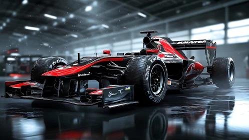 Red and black Formula race car in reflective pit garage.