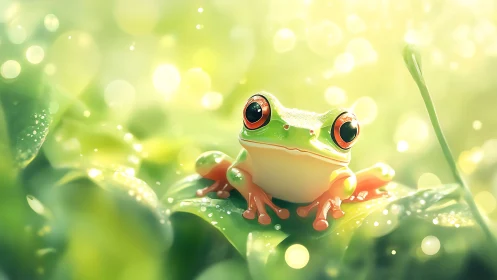Tree frog poised on dewy leaf in luminous bokeh glow.