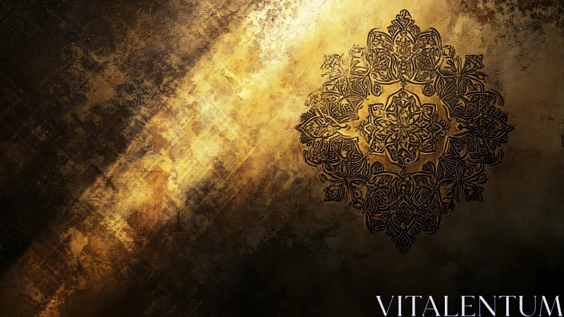 Ornate mandala casts embossed shadow on weathered gold wall