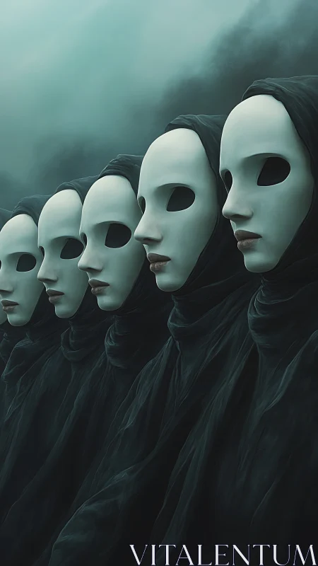 Serial veiled mannequins with hollow masks in teal haze.