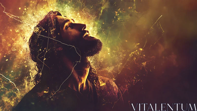 Male profile in textured abstract light burst composition.