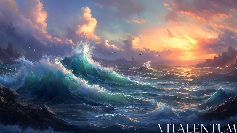 Sunlit stormy seas under a glowing pastel sky at dusk.
