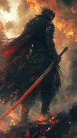 Armored figure stands with sword amid dense fire and smoke