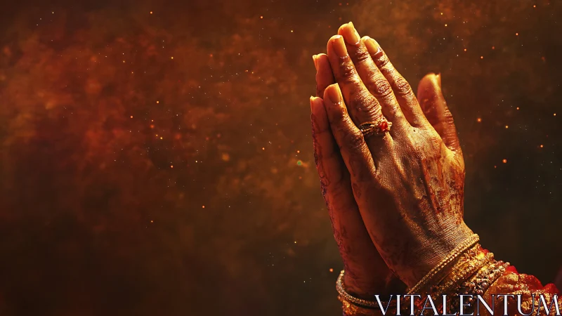 Praying henna hands glow against deep golden bokeh haze.