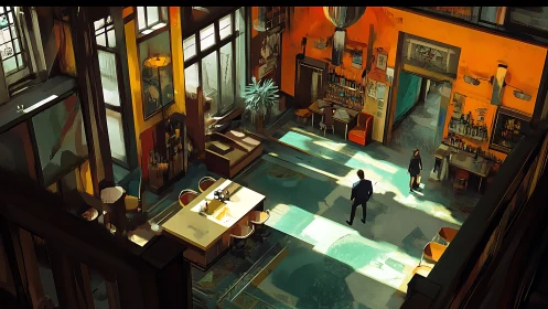 Sunlit urban caf&eacute; interior with cinematic, moody atmosphere.