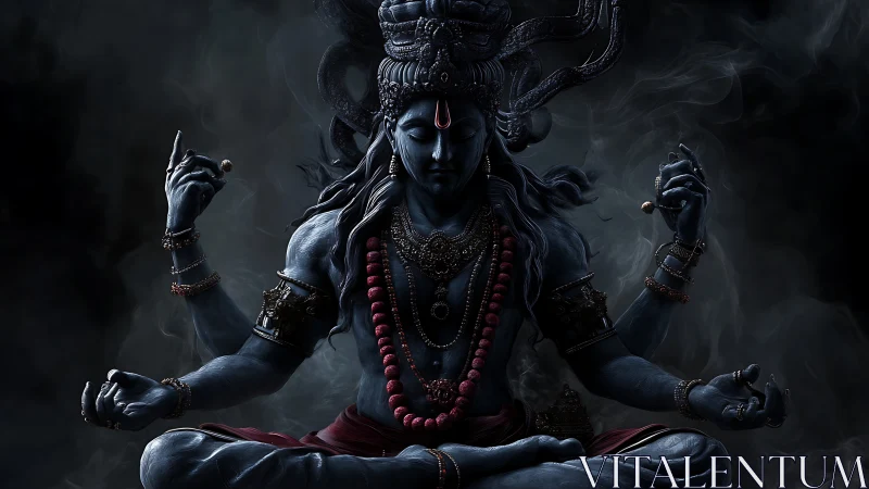 Multi-armed blue deity in seated pose within dark smoke field