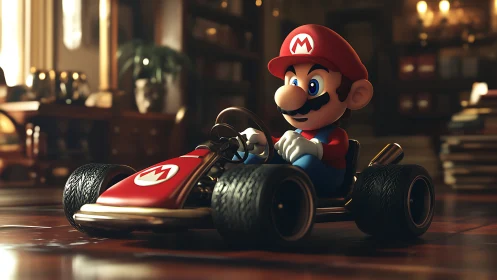 3D cartoon racer drives detailed kart across polished floor