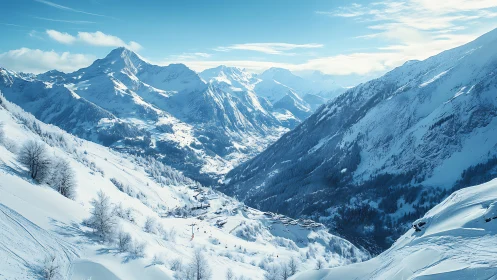 Snow-covered alpine valley with distant mountain peaks.