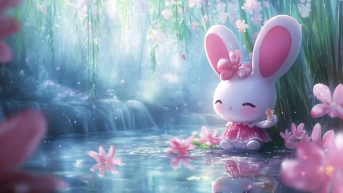 Cute bunny doll by pastel waterfall in flower pond.