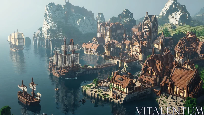 Voxel medieval harbor city with misty mountain backdrop.