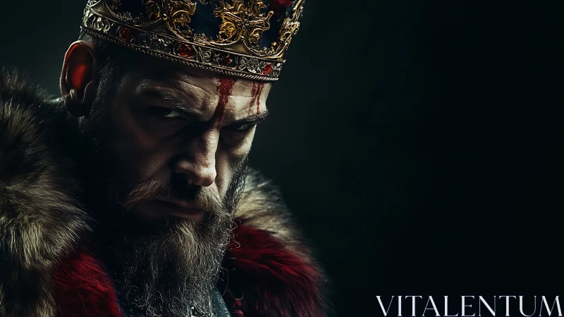 Brooding crowned ruler wrapped in rich furs and shadows.