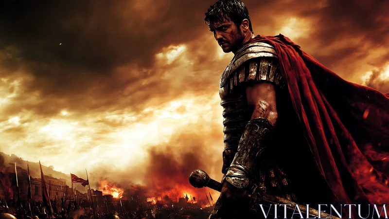 Armored warrior in red cloak overlooking burning battlefield.