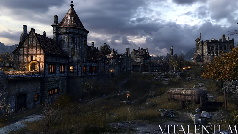 Gloomlit medieval hillside town humming with secret hearths.