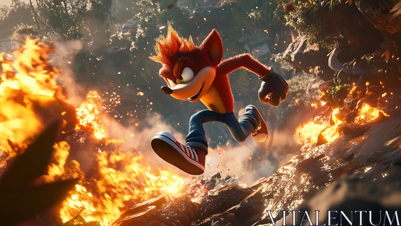 Anthropomorphic fox hero sprints through blazing jungle chaos.