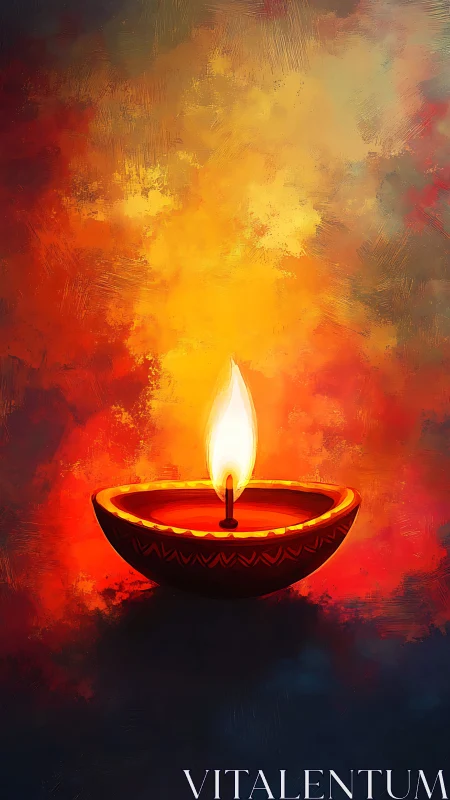 Single clay oil diya with vibrant textured bokeh flame glow