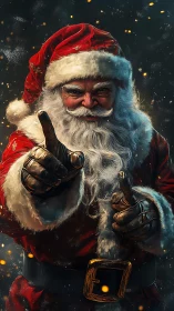 Santa Claus figure in red suit pointing toward viewer.