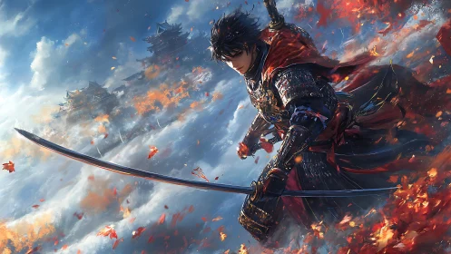 Aerodynamic samurai vector, katana arc through burning clouds.