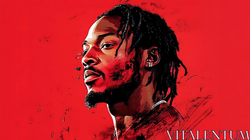 Digital portrait of male subject on solid red background.