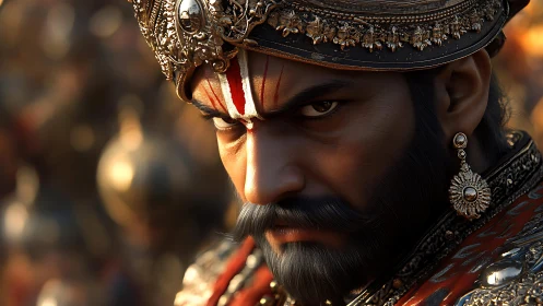 Warrior king close-up with ornate crown, sharp specular lighting