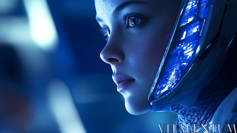 Cybernetic woman profile under cold blue neon light.